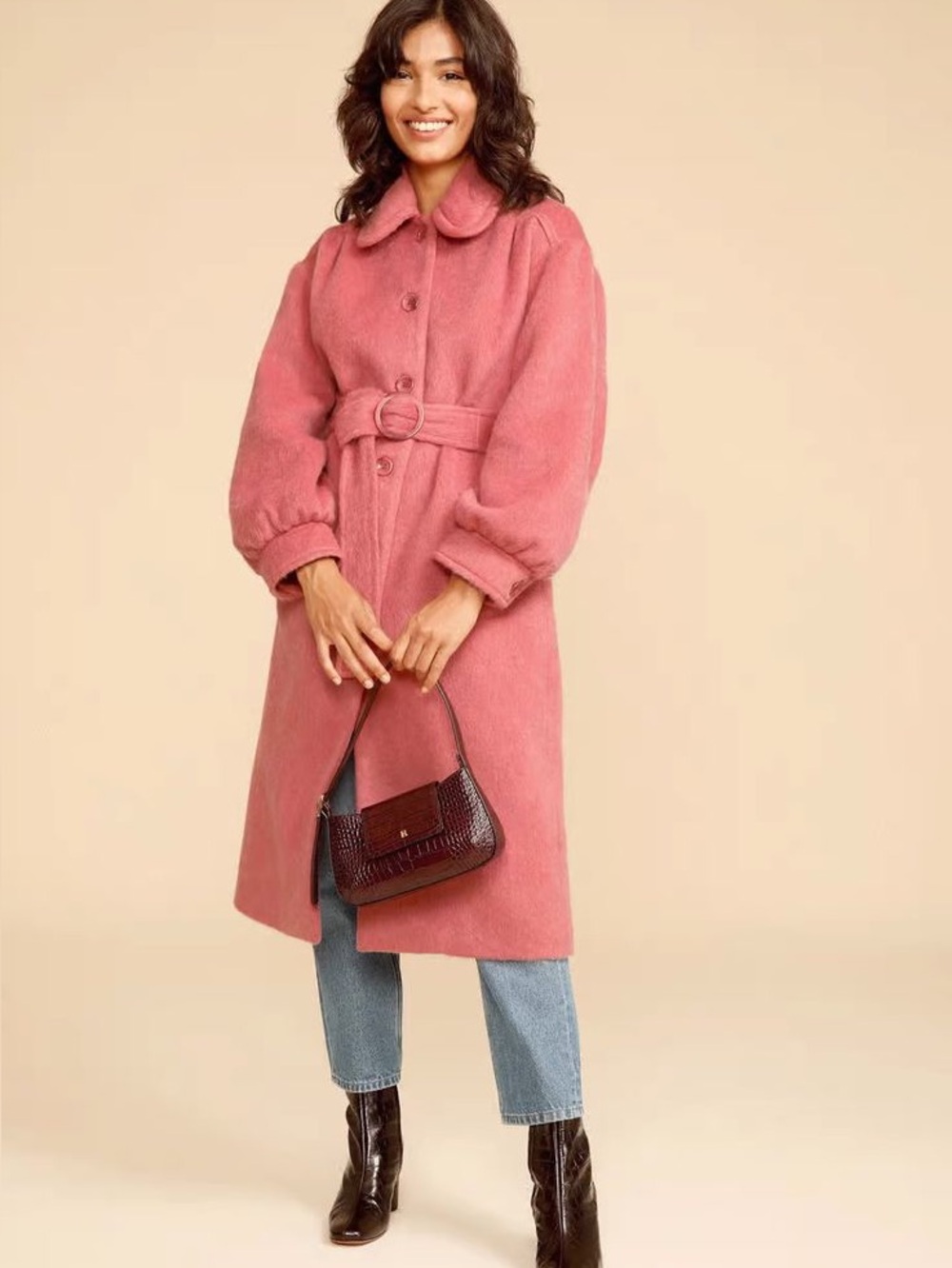 ROUJE Pink Retro Fuzzy Brushed Wool Mohair Vintage Style Belted Gerard Coat